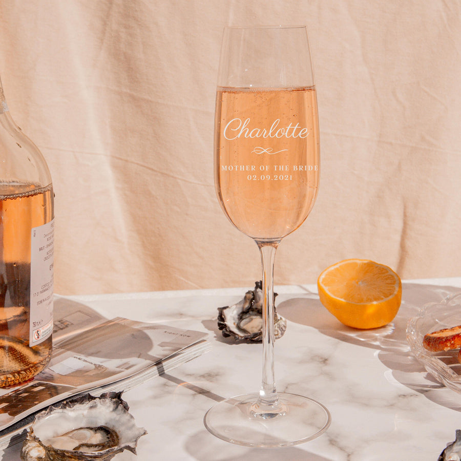 Personalised 220ml Champagne Glasses, Custom Engraved Monogram Wine Glass, Corporate/ Housewarming Gift, Wedding Favour, Bridesmaid Shower