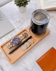 Personalised Ash Wood Round Catchall Tray & Drink Holder, Jewellery/ Tech/ Serving Valet, Custom Engraved Timber Organiser, Desk Accessories