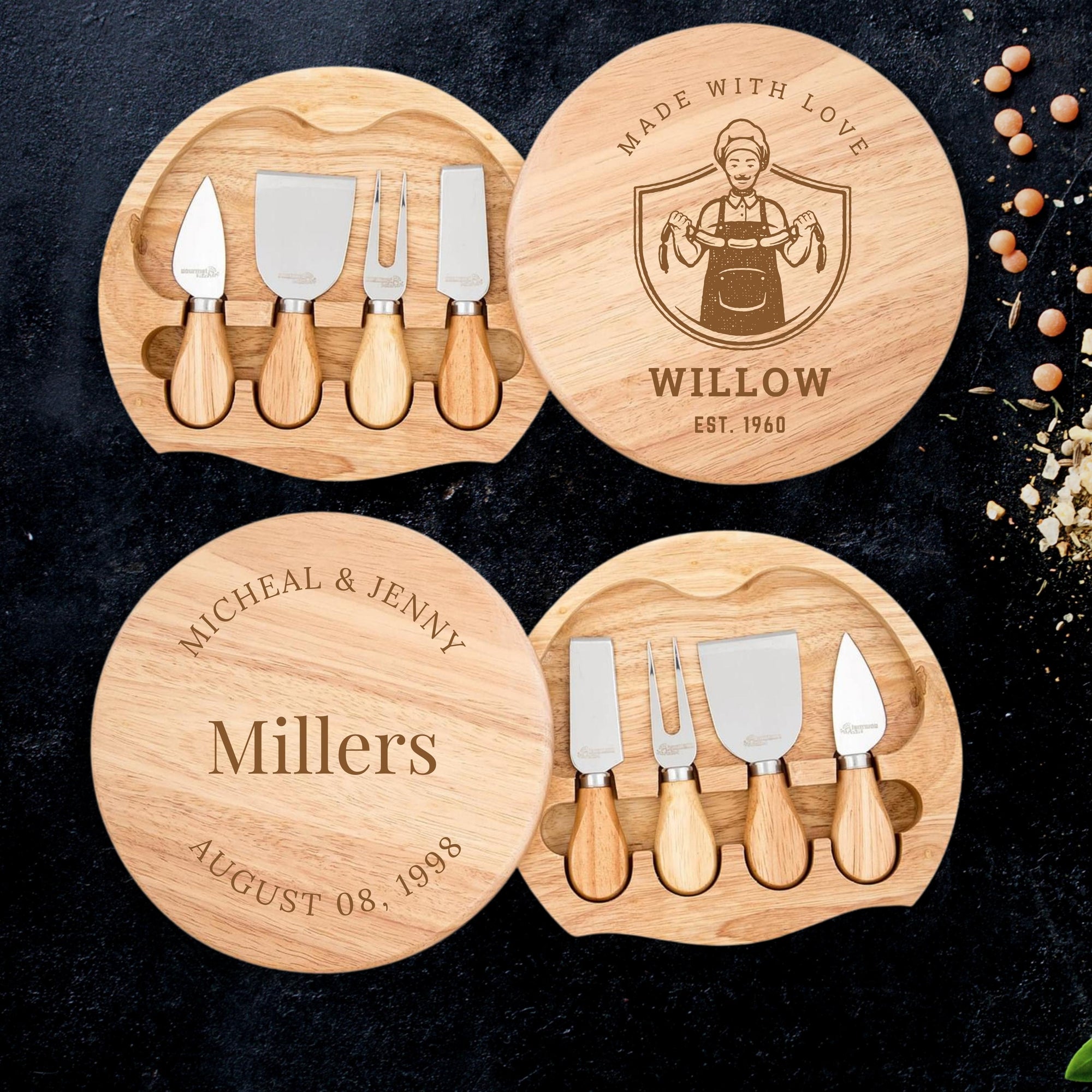 Personalised Round Wood Cheese Hinge Board &amp; Knife Travel Set, Engraved Charcuterie Platter, Wedding Anniversary Corporate Housewarming Gift