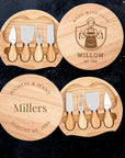 Personalised Round Wood Cheese Hinge Board & Knife Travel Set, Engraved Charcuterie Platter, Wedding Anniversary Corporate Housewarming Gift