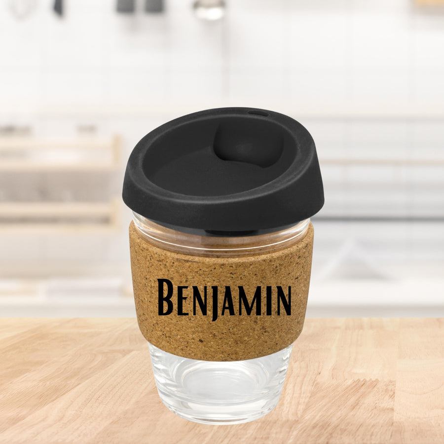Personalised Cork Band Reusable Glass Coffee Cup 340ml, Custom Engraved Mug/ Tumbler, Corporate, Birthday/ Teacher/ Office Mothers Day Gift