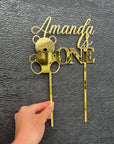 Personalised Bear & Baby Birthday MDF/ Mirror Acrylic Cake Topper, Cut Out Custom Joint Name & Age, Wedding/ Celebration/ Event Party Decor Supply Toppers