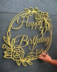 Custom Birthday Flower Scribble Circle Hoop Sign, Bridal Shower Engagement Party Hanging Laser Cut Personalised Wooden Event Photodrop Decor