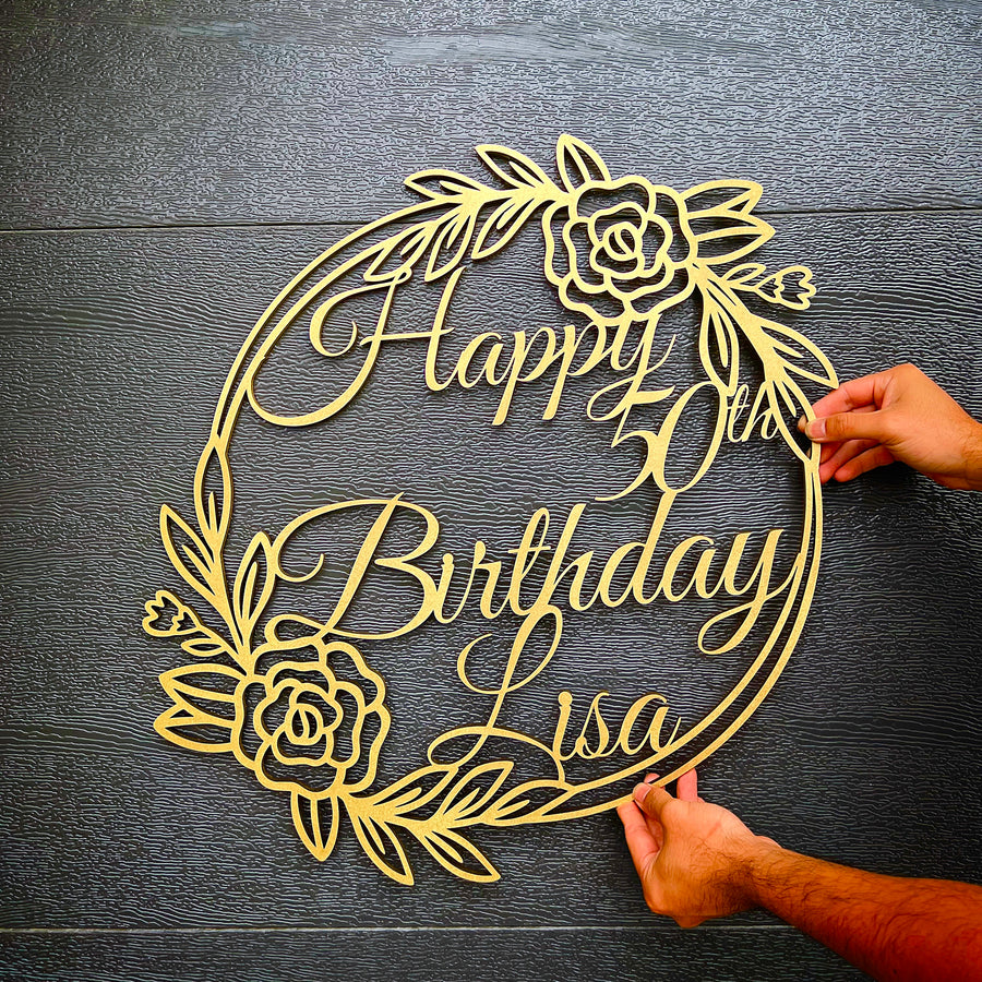 Custom Birthday Flower Scribble Circle Hoop Sign, Bridal Shower Engagement Party Hanging Laser Cut Personalised Wooden Event Photodrop Decor