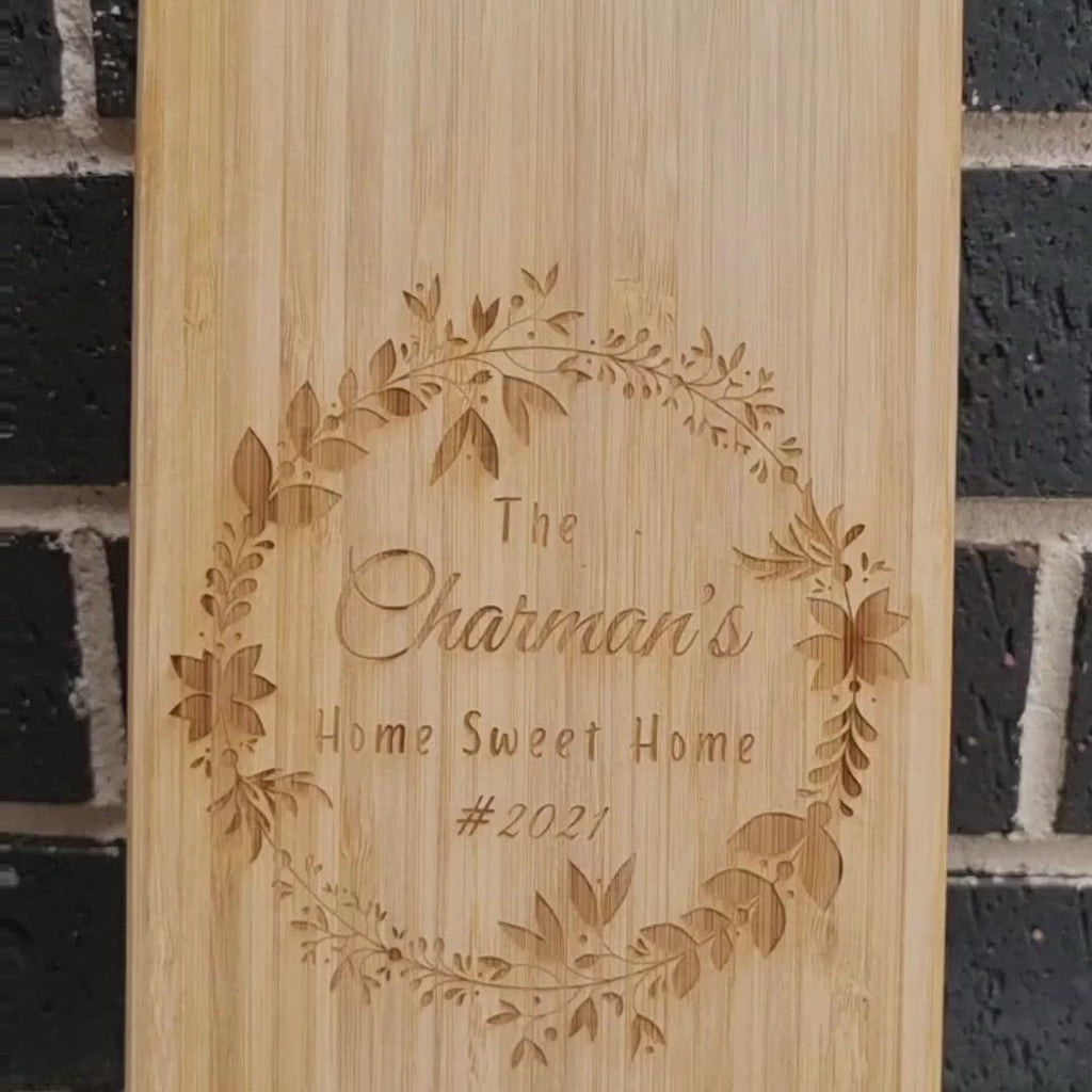 Personalised Bamboo Wooden Serving Cheese, Charcuterie Handle Tray, Cutting Board, Engraved Timber Platter, Custom Wedding Anniversary Housewarming Gift