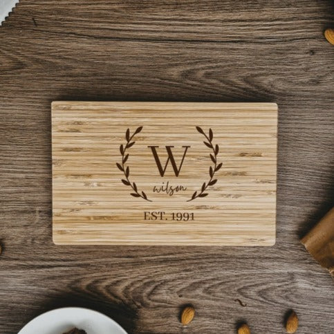 Personalised Small Bamboo Wooden Cheese, Cake Serving Tray / Chopping Board , Engraved Monogram Wedding/ Anniversary Housewarming Decor Gift