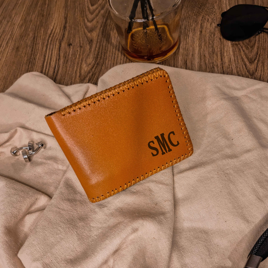 Personalised Hand Stitched Genuine Real Leather Cowhide Bifold Wallet, Monogram Custom Engraved Gift for Him/ Father/Groomsmen/ Dad/ Husband Anniversary