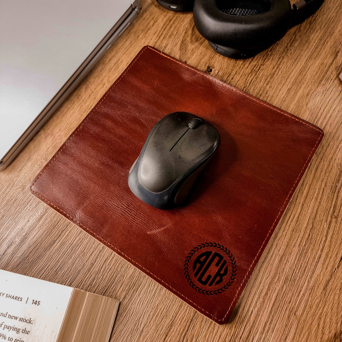 Personalised Genuine Leather Mouse Pad/ Mat, Monogram Custom Engraved Real Leather Office Desk Accessories / Gift for Him/ Father/ Groomsmen