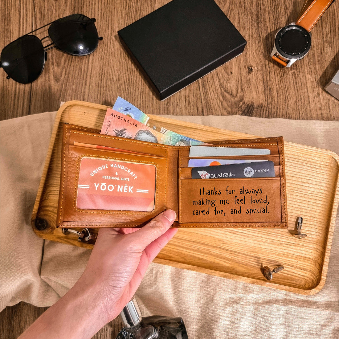 Personalised Genuine Real Leather Cowhide Bifold Wallet, Monogram Custom Engraved Gift for Him/Father/Groomsmen/Dad/ Husband Anniversary