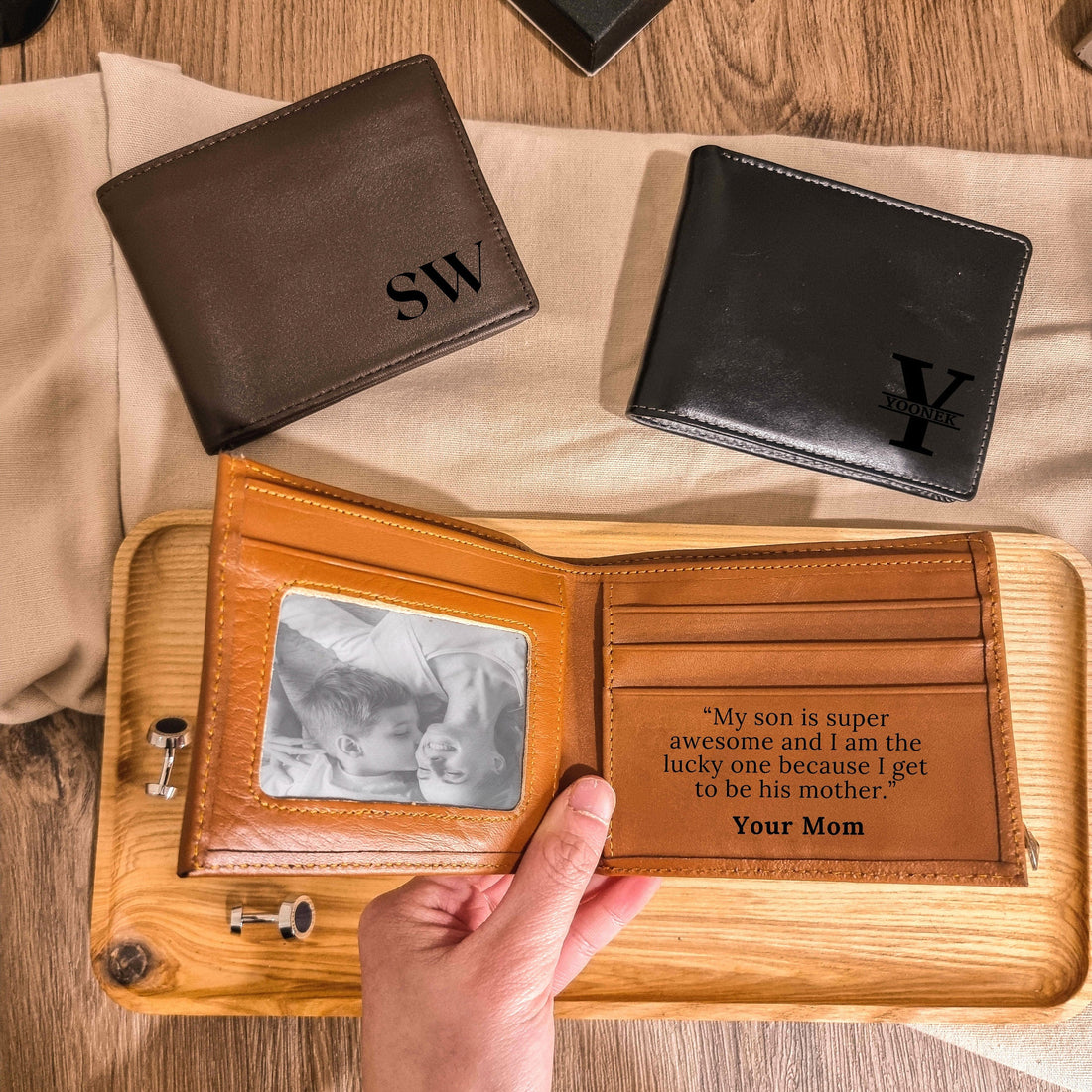 Personalized Engraved Mens Wallet. Groomsman Gift. Mens Bi-Fold Slim Wallet. Tan / Bass