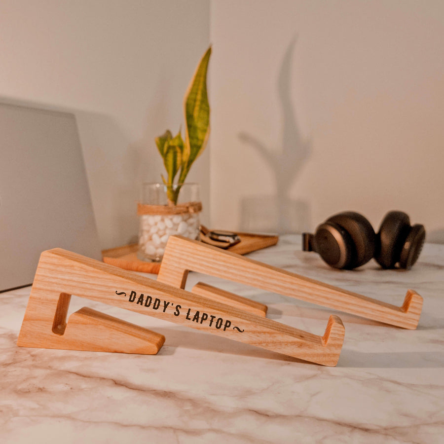 Personalised Portable Wooden Laptop Riser / Notebook, Macbook Wood Stand Holder / Custom Engraved Timber Office Desk Organizer -12-15.6 inch