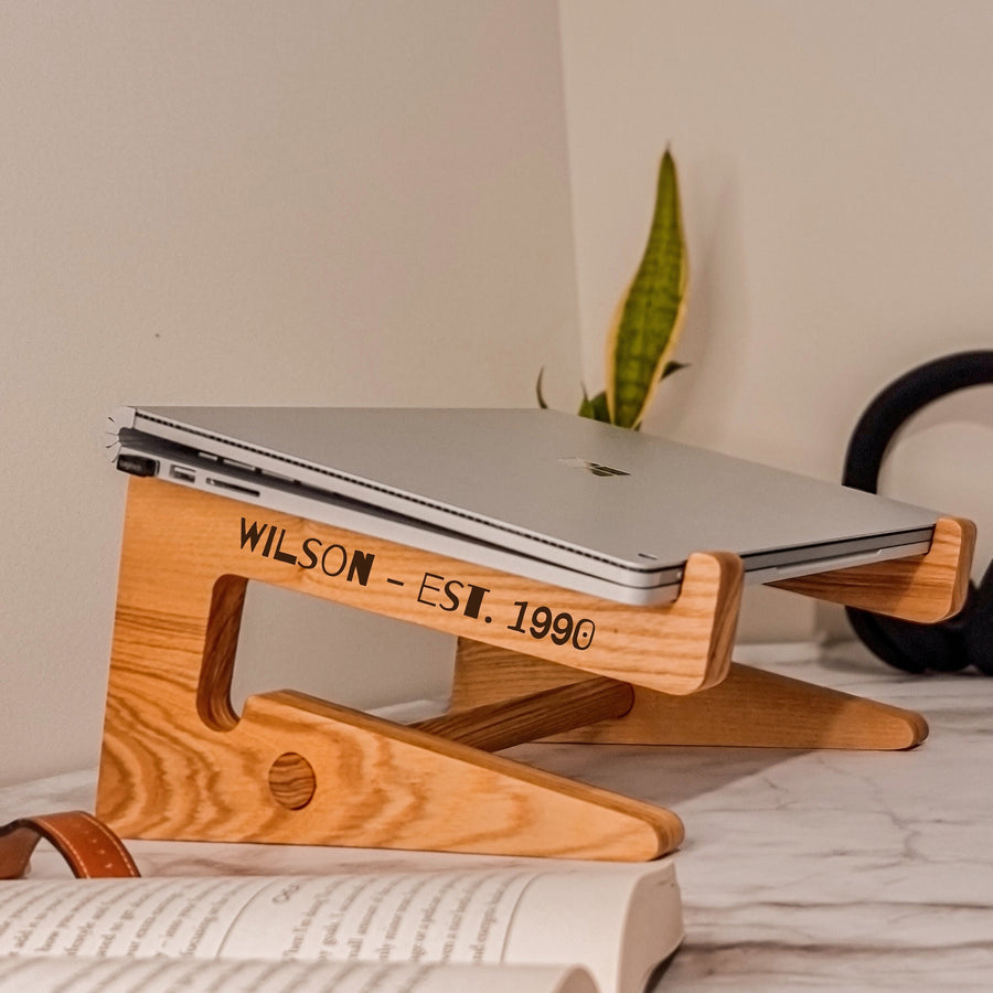 Personalised Portable Wooden Laptop Riser/ Notebook, Macbook Wood Stand Holder / Custom Engraved Office Organizer/ Work From Home - 12-15.6