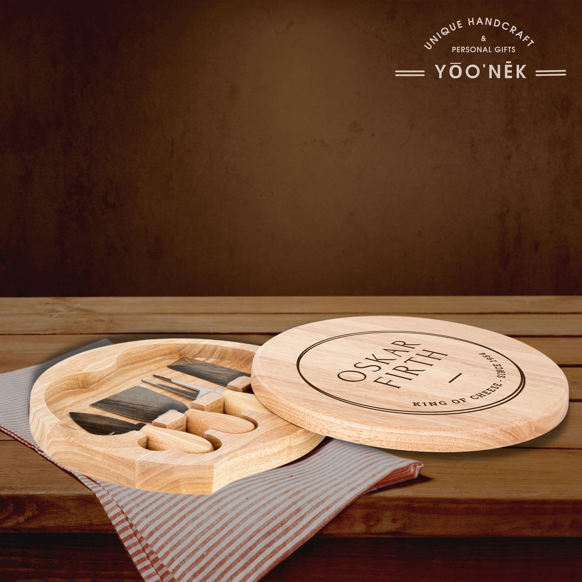 Personalised Round Wood Cheese Hinge Board &amp; Knife Travel Set, Engraved Charcuterie Platter, Wedding Anniversary Corporate Housewarming Gift