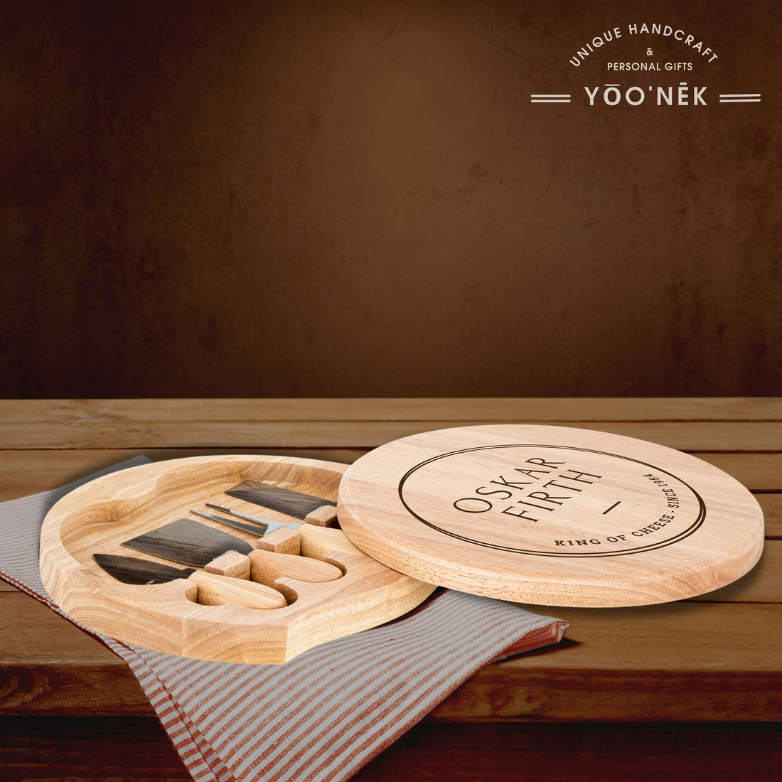 Personalised Round Wood Cheese Hinge Board & Knife Travel Set, Engraved Charcuterie Platter, Wedding Anniversary Corporate Housewarming Gift