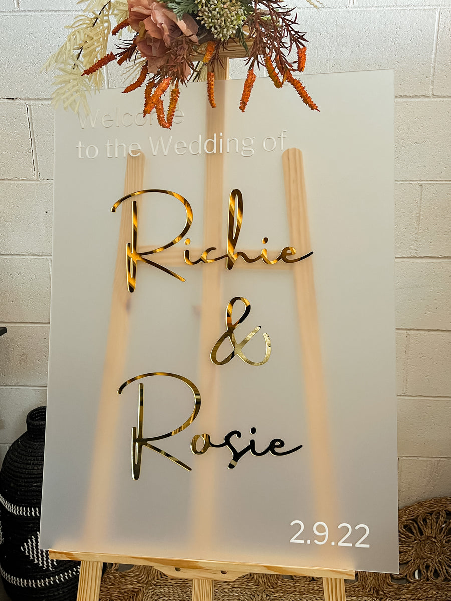 Custom Frosted/ Clear Acrylic Wedding Welcome 3D Sign, Personalised Rose/ Gold Mirror Names, Ceremony/ Event/ Engagement/ Bridal Shower/ Birthday Signage on Easel