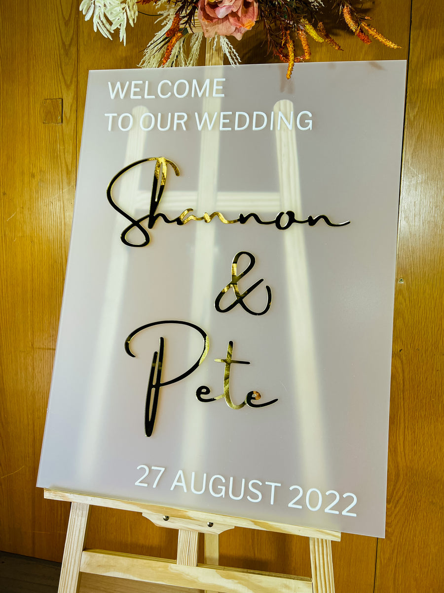 Custom Frosted/ Clear Acrylic Wedding Welcome 3D Sign, Personalised Rose/ Gold Mirror Names, Ceremony/ Event/ Engagement/ Bridal Shower/ Birthday Signage on Easel