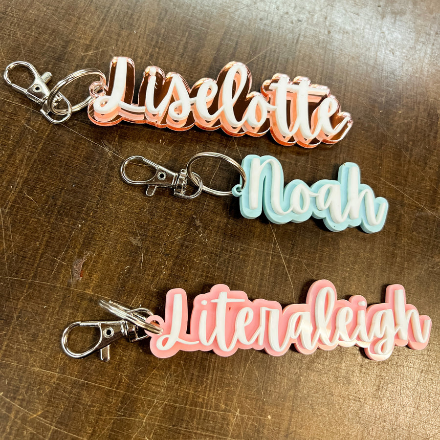 Custom Acrylic 3D Double Layered School Bag Name Tag,  Personalised Script Seating Place Names Key Ring/ Key Chain, Teacher/ Christmas Gift/ Wedding Favour