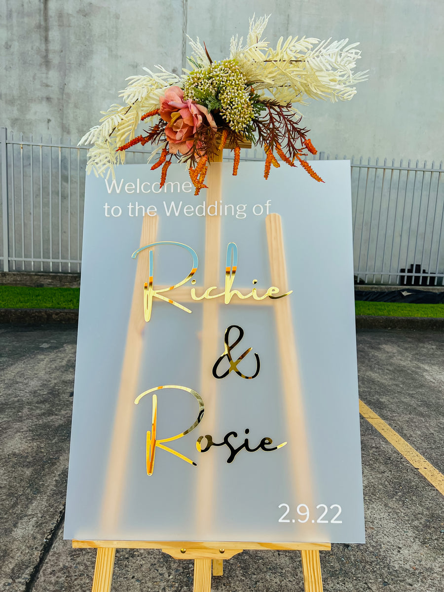 Custom Frosted/ Clear Acrylic Wedding Welcome 3D Sign, Personalised Rose/ Gold Mirror Names, Ceremony/ Event/ Engagement/ Bridal Shower/ Birthday Signage on Easel