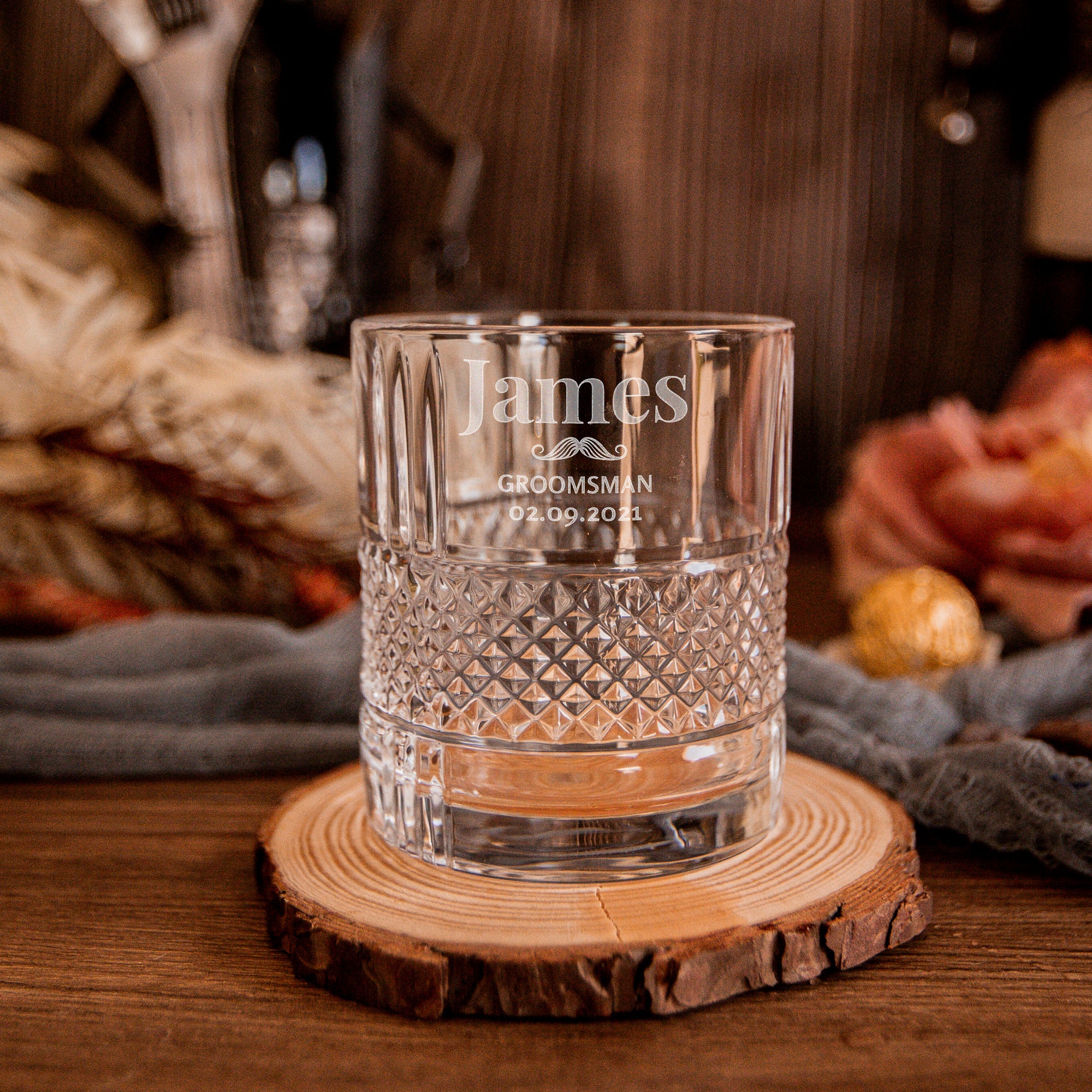 Engraved 340ml Diamond Carving Old Fashion Whiskey - Italian Crystal Glass, Personalised Custom Monogram Tumbler, Housewarming/ Groomsmen Gift