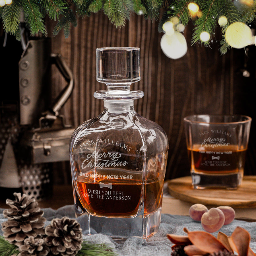 Christmas Engraved Whiskey Decanter Set with 4  Scotch Glasses - Carafe, Personalised Custom Premium Whisky Xmas New Year, Birthday, Bar Gift for Dad/ Him